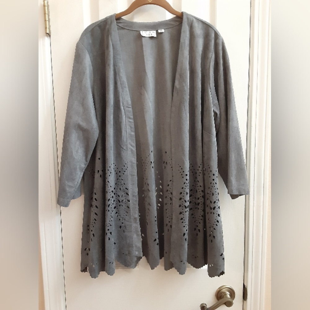 1X Joan Rivers Faux Suede Eyelet Blazer with Scalloped Edge in Grey